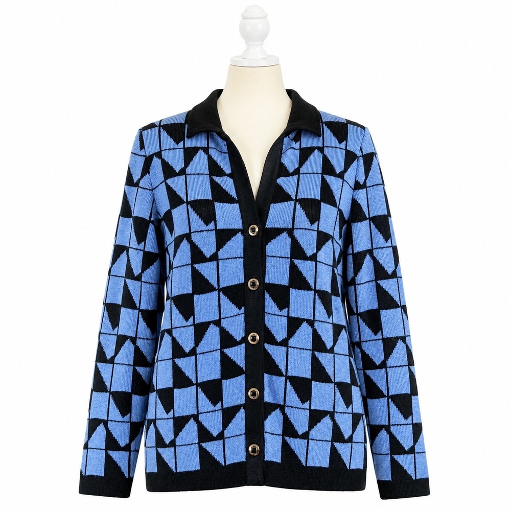 Mita Geometric Knit Cardigan Sweater Blue Black Button Front Womens Medium Top